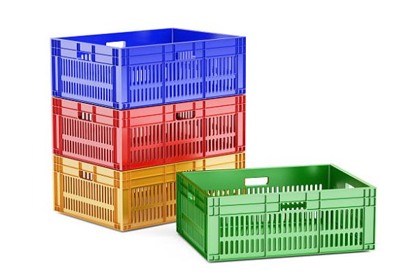 colored plastic crates, 3D rendering isolated on white background